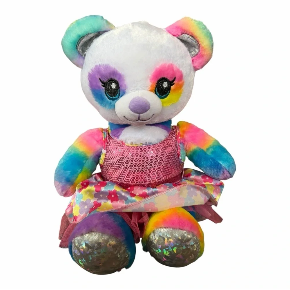 Build A Bear Rainbow Friends Panda Stuffed Animal with Pink Sequin Dress
